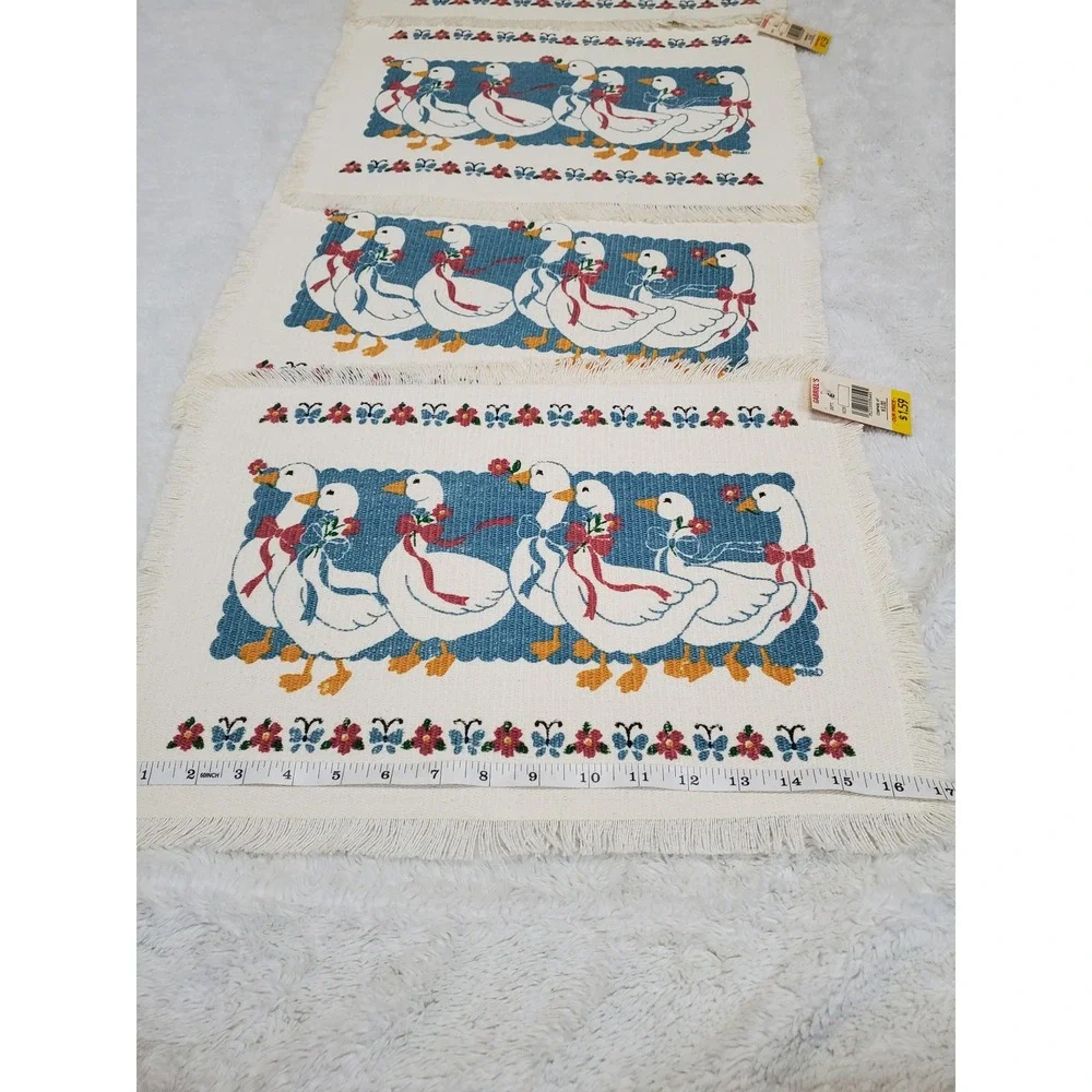 NWT Vintage White Blue Goose Geese Frayed Country Cottage Placemats Set 4